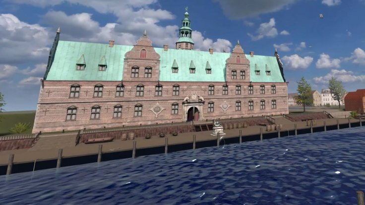 Eine virtuelle Rekonstruktion des ehemaligen Glückstädter Schlosses "Glyksborg", das majestätisch direkt an einem Fluss steht.