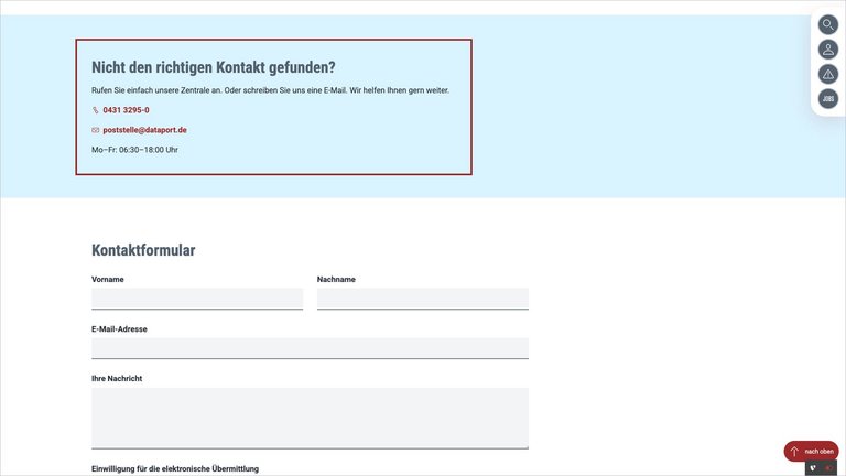 Bildschirmfoto der Kontaktdaten der Zentrale auf der Seite Kontakt auf dataport.de
