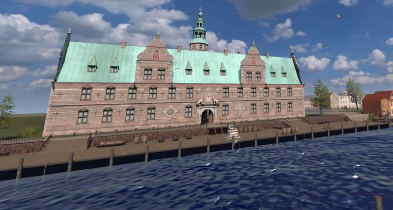 Eine virtuelle Rekonstruktion des ehemaligen Glückstädter Schlosses "Glyksborg", das majestätisch direkt an einem Fluss steht.